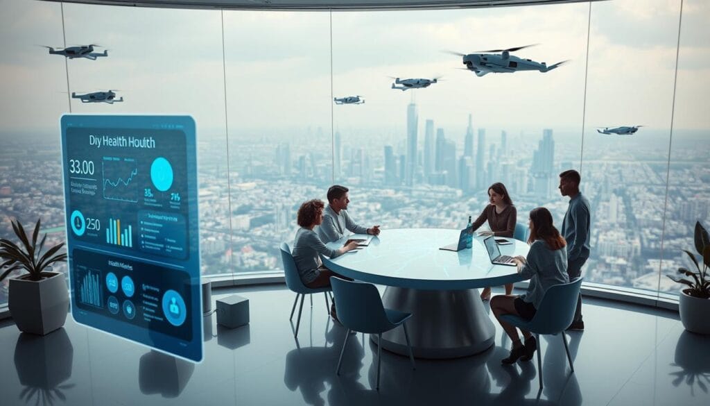 A futuristic scene of a digital health hub for independent workers. In the foreground, a sleek, holographic interface displays personalized health data and recommendations. In the middle, a group of diverse digital nomads collaborate around a floating table, discussing innovative wellness solutions. In the background, a panoramic view of a smart city skyline, with drones and autonomous vehicles transporting residents. Soft, ambient lighting creates a calming, tech-forward atmosphere. The scene is captured with a wide-angle lens, emphasizing the interconnectedness of technology, health, and the evolving nature of work. A futuristic scene of a digital health hub for independent workers. In the foreground, a sleek, holographic interface displays personalized health data and recommendations. In the middle, a group of diverse digital nomads collaborate around a floating table, discussing innovative wellness solutions. In the background, a panoramic view of a smart city skyline, with drones and autonomous vehicles transporting residents. Soft, ambient lighting creates a calming, tech-forward atmosphere. The scene is captured with a wide-angle lens, emphasizing the interconnectedness of technology, health, and the evolving nature of work.
