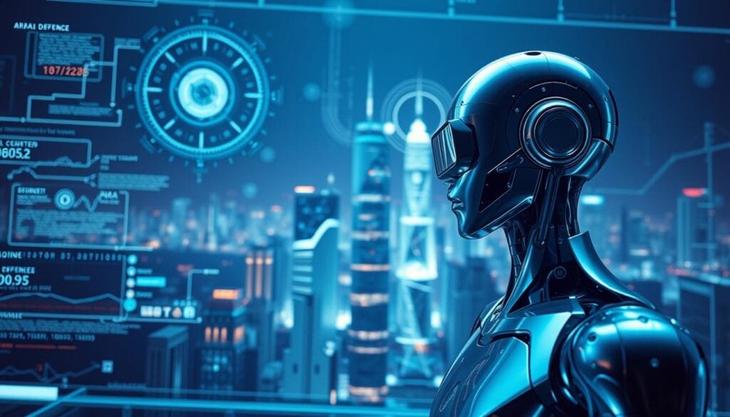 A futuristic scene of an AI-powered cyber defense system. In the foreground, a sleek, metallic humanoid robotic figure stands vigilant, its optical sensors scanning the digital landscape. In the middle ground, a complex array of holographic displays, data streams, and intricate algorithms visualize the ebb and flow of a sophisticated cybersecurity network. In the background, a gleaming, high-tech city skyline is partially obscured by swirling digital anomalies, hinting at the ever-evolving threats that the AI defender must overcome. The scene is bathed in a cool, azure-tinted glow, conveying a sense of technological precision and unwavering determination to protect against the cyber dangers of the future. A futuristic scene of an AI-powered cyber defense system. In the foreground, a sleek, metallic humanoid robotic figure stands vigilant, its optical sensors scanning the digital landscape. In the middle ground, a complex array of holographic displays, data streams, and intricate algorithms visualize the ebb and flow of a sophisticated cybersecurity network. In the background, a gleaming, high-tech city skyline is partially obscured by swirling digital anomalies, hinting at the ever-evolving threats that the AI defender must overcome. The scene is bathed in a cool, azure-tinted glow, conveying a sense of technological precision and unwavering determination to protect against the cyber dangers of the future.
