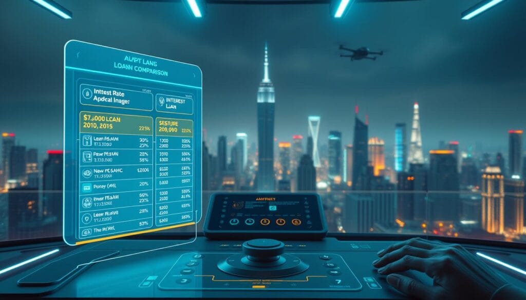 A futuristic scene of an AI-powered loan comparison interface. In the foreground, holographic displays showcase detailed loan options with key features like interest rates, monthly payments, and approval status. The middle ground features a sleek control panel with voice commands and gesture controls, while the background showcases a panoramic city skyline with skyscrapers and hovercraft. The lighting is cool and futuristic, with neon accents and a sense of technological advancement. The overall atmosphere conveys efficiency, transparency, and the empowerment of consumers in the financial landscape of 2025.