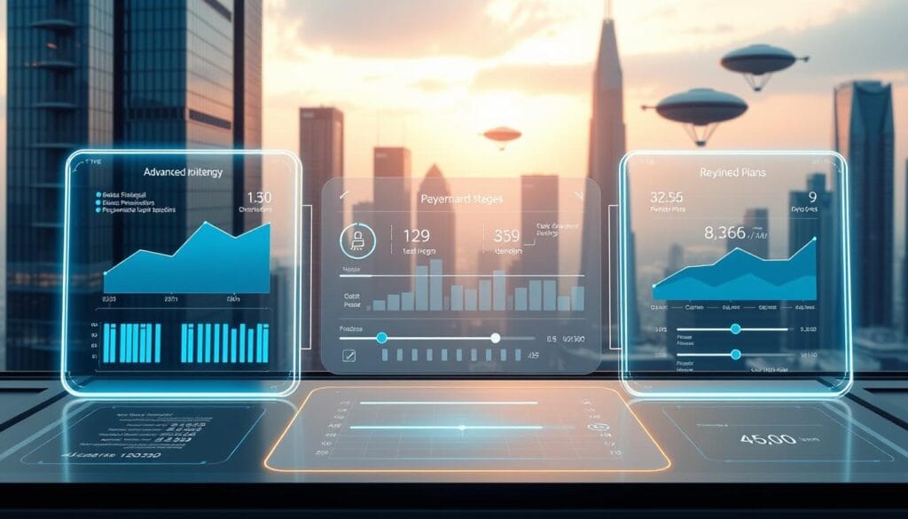 A futuristic scene with a digital dashboard presenting three distinct AI-driven repayment strategies. In the foreground, a glowing holographic display showcases advanced financial projections and personalized savings plans. The middle ground features a sleek, minimalist interface with interactive sliders and toggles, allowing the user to customize their debt payoff approach. In the background, a cityscape of gleaming skyscrapers and hovering transport pods sets the stage for this cutting-edge financial technology. Soft, cool-toned lighting creates an atmosphere of precision and innovation, while the overall composition conveys a sense of empowerment and control over one's financial future.
