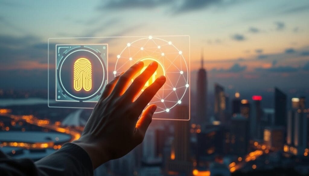 A futuristic, sleek holographic display projects a secure blockchain identity verification interface. In the foreground, a biometrically-enabled hand unlocks a digital wallet, casting a warm glow. The middle ground features a network of interconnected nodes, visualizing the decentralized blockchain architecture. In the background, a city skyline at dusk reflects the adoption of this transformative technology, hinting at a new era of seamless, privacy-preserving identification. The scene is bathed in a soft, cinematic lighting, conveying a sense of innovation, trust, and progress. A futuristic, sleek holographic display projects a secure blockchain identity verification interface. In the foreground, a biometrically-enabled hand unlocks a digital wallet, casting a warm glow. The middle ground features a network of interconnected nodes, visualizing the decentralized blockchain architecture. In the background, a city skyline at dusk reflects the adoption of this transformative technology, hinting at a new era of seamless, privacy-preserving identification. The scene is bathed in a soft, cinematic lighting, conveying a sense of innovation, trust, and progress.