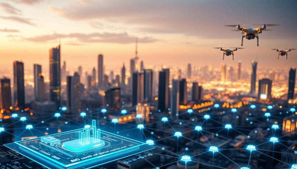 A futuristic, transparent supply chain system with layers of security. In the foreground, a 3D holographic interface displays real-time data on logistics, shipment tracking, and fraud detection. The middle ground features a network of interconnected nodes, each representing a stage in the supply chain, linked by glowing blockchain pathways. In the background, a cityscape of gleaming skyscrapers and autonomous delivery drones suggests a highly advanced, digitized landscape. Warm, diffused lighting creates a sense of technological sophistication and trustworthiness. The overall scene conveys a vision of a streamlined, secure, and transparent supply chain ecosystem powered by blockchain technology. A futuristic, transparent supply chain system with layers of security. In the foreground, a 3D holographic interface displays real-time data on logistics, shipment tracking, and fraud detection. The middle ground features a network of interconnected nodes, each representing a stage in the supply chain, linked by glowing blockchain pathways. In the background, a cityscape of gleaming skyscrapers and autonomous delivery drones suggests a highly advanced, digitized landscape. Warm, diffused lighting creates a sense of technological sophistication and trustworthiness. The overall scene conveys a vision of a streamlined, secure, and transparent supply chain ecosystem powered by blockchain technology.