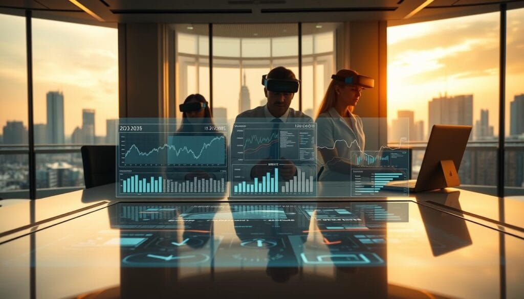 A futuristic wealth management office set in 2025, illuminated by soft, warm lighting. In the foreground, a sleek, minimalist desk with a holographic display showcasing financial data and AI-generated investment recommendations. Behind it, a team of wealth advisors, their faces partially obscured by advanced AR/VR headsets, deeply immersed in analyzing client portfolios. In the background, floor-to-ceiling windows overlooking a bustling cityscape, reflecting the rapid technological advancements transforming the finance industry. The scene conveys a sense of innovation, efficiency, and the seamless integration of human expertise and artificial intelligence in the modern world of wealth management. A futuristic wealth management office set in 2025, illuminated by soft, warm lighting. In the foreground, a sleek, minimalist desk with a holographic display showcasing financial data and AI-generated investment recommendations. Behind it, a team of wealth advisors, their faces partially obscured by advanced AR/VR headsets, deeply immersed in analyzing client portfolios. In the background, floor-to-ceiling windows overlooking a bustling cityscape, reflecting the rapid technological advancements transforming the finance industry. The scene conveys a sense of innovation, efficiency, and the seamless integration of human expertise and artificial intelligence in the modern world of wealth management.