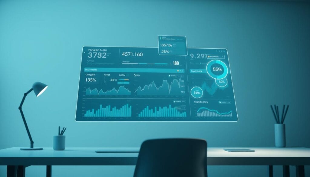 A gleaming, data-rich dashboard floats in a serene, minimalist workspace. Sleek lines and cool tones create a sense of modern efficiency. Hovering infographics visualize ESG metrics, their insights illuminating the path towards sustainable investing. Soft, directional lighting casts a contemplative glow, underscoring the gravity of the decisions at hand. Angles are precise, the composition balanced, inviting the viewer to delve deeper into the data's compelling narrative. This is the future of AI-powered wealth management - a seamless, data-driven interface guiding investors towards a more sustainable, prosperous tomorrow.