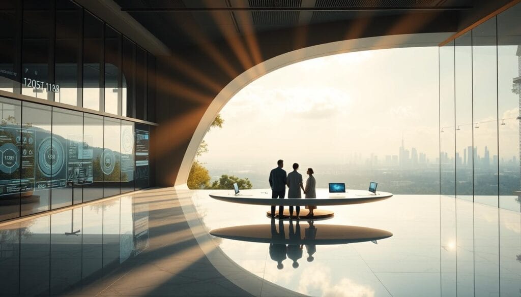 A grand futuristic estate with a sleek, modernist glass and steel architecture emerges from a lush, verdant landscape. In the foreground, holographic interfaces and interactive displays float above a polished marble floor, showcasing the latest wealth management AI tools. Rays of warm, diffused light stream through expansive windows, illuminating a serene, elegantly appointed interior. In the middle ground, a family gathers around a curved, floating conference table, deep in discussion as they review their trust portfolio on seamless digital screens. The background features a panoramic view of a gleaming, high-tech cityscape, hinting at the advanced technological infrastructure powering this cutting-edge wealth management experience. A grand futuristic estate with a sleek, modernist glass and steel architecture emerges from a lush, verdant landscape. In the foreground, holographic interfaces and interactive displays float above a polished marble floor, showcasing the latest wealth management AI tools. Rays of warm, diffused light stream through expansive windows, illuminating a serene, elegantly appointed interior. In the middle ground, a family gathers around a curved, floating conference table, deep in discussion as they review their trust portfolio on seamless digital screens. The background features a panoramic view of a gleaming, high-tech cityscape, hinting at the advanced technological infrastructure powering this cutting-edge wealth management experience.