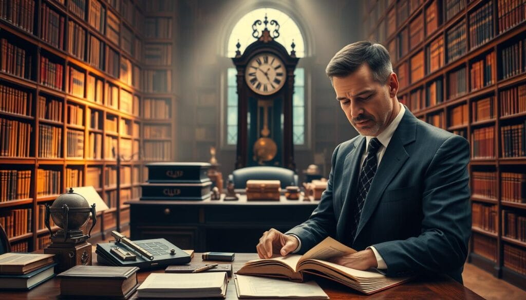 A grand, imposing library setting with towering bookshelves lining the walls, casting warm, honey-hued lighting across a sturdy oak desk. On the desk, aged ledgers, slide rules, and other antique financial instruments are arranged meticulously, conveying a sense of history and tradition in credit risk assessment. In the foreground, a well-dressed businessman in a tailored suit peruses a thick ledger, brow furrowed in concentration, representing the rigorous, manual processes of the past. The middle ground features a large, ornate grandfather clock, its pendulum swinging steadily, symbolizing the passage of time and the evolution of credit evaluation methods. The background is shrouded in a soft, sepia-toned haze, adding an air of nostalgia to the scene. A grand, imposing library setting with towering bookshelves lining the walls, casting warm, honey-hued lighting across a sturdy oak desk. On the desk, aged ledgers, slide rules, and other antique financial instruments are arranged meticulously, conveying a sense of history and tradition in credit risk assessment. In the foreground, a well-dressed businessman in a tailored suit peruses a thick ledger, brow furrowed in concentration, representing the rigorous, manual processes of the past. The middle ground features a large, ornate grandfather clock, its pendulum swinging steadily, symbolizing the passage of time and the evolution of credit evaluation methods. The background is shrouded in a soft, sepia-toned haze, adding an air of nostalgia to the scene.