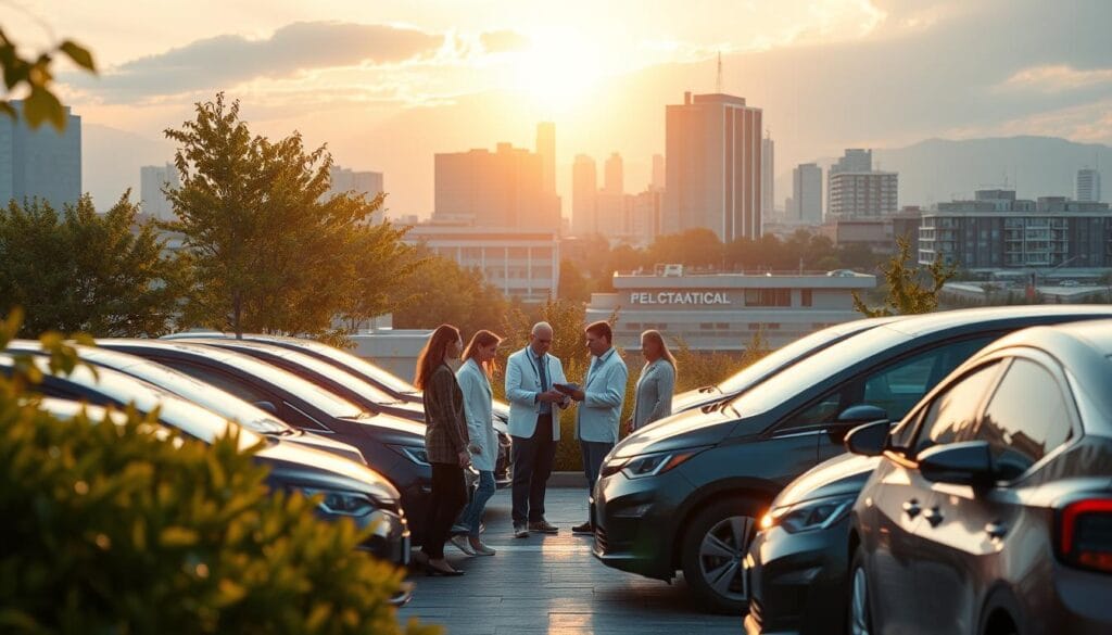 A healthcare facility with electric vehicles parked in the foreground, surrounded by lush greenery and a warm, afternoon sunlight filtering through the trees. In the middle ground, a group of people discussing tax credits and financial documents, their faces lit by a golden glow. In the background, a city skyline with modern, sustainable architecture. The scene conveys a sense of progress, environmental consciousness, and the intersection of healthcare, sustainability, and financial incentives. A healthcare facility with electric vehicles parked in the foreground, surrounded by lush greenery and a warm, afternoon sunlight filtering through the trees. In the middle ground, a group of people discussing tax credits and financial documents, their faces lit by a golden glow. In the background, a city skyline with modern, sustainable architecture. The scene conveys a sense of progress, environmental consciousness, and the intersection of healthcare, sustainability, and financial incentives.