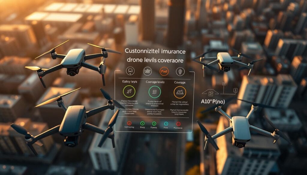 A high-altitude aerial view of a customizable drone insurance coverage plan, showcasing various policy options and levels of protection. The foreground depicts a diverse fleet of commercial drones in flight, with detailed features such as camera systems, payload capabilities, and unique body designs. The middle ground presents a dynamic visualization of coverage levels, represented by vibrant, color-coded icons and data visualizations. The background features a subtly blurred cityscape, hinting at the urban environments where these drones operate. The overall scene is bathed in a warm, golden light, conveying a sense of sophistication and technical prowess. Crisp, high-resolution photography with a shallow depth of field amplifies the professional, insurance-focused atmosphere. A high-altitude aerial view of a customizable drone insurance coverage plan, showcasing various policy options and levels of protection. The foreground depicts a diverse fleet of commercial drones in flight, with detailed features such as camera systems, payload capabilities, and unique body designs. The middle ground presents a dynamic visualization of coverage levels, represented by vibrant, color-coded icons and data visualizations. The background features a subtly blurred cityscape, hinting at the urban environments where these drones operate. The overall scene is bathed in a warm, golden light, conveying a sense of sophistication and technical prowess. Crisp, high-resolution photography with a shallow depth of field amplifies the professional, insurance-focused atmosphere.