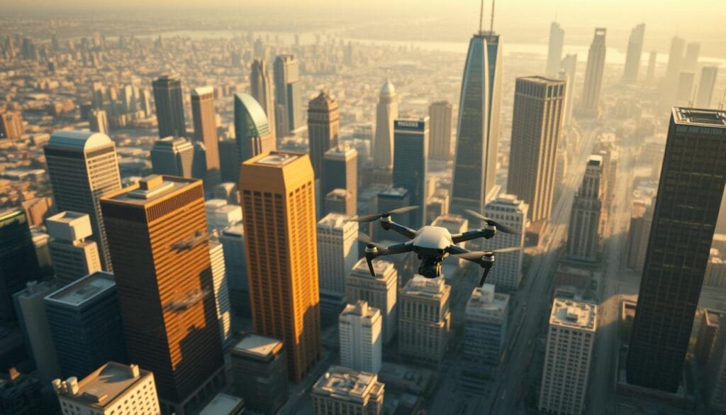 A high-altitude, birds-eye view of a sprawling cityscape, with various drone insurance providers prominently displayed as distinct office buildings or landmarks. The buildings are rendered in a sleek, modern architectural style, bathed in warm, golden sunlight that casts long shadows across the scene. In the foreground, a fleet of drones hover and swoops, their camera sensors trained on the different insurance company headquarters. The background is hazy with atmospheric perspective, emphasizing the scale and scope of the urban environment. The overall composition conveys a sense of authority, professionalism and the competitive landscape of the drone insurance industry. A high-altitude, birds-eye view of a sprawling cityscape, with various drone insurance providers prominently displayed as distinct office buildings or landmarks. The buildings are rendered in a sleek, modern architectural style, bathed in warm, golden sunlight that casts long shadows across the scene. In the foreground, a fleet of drones hover and swoops, their camera sensors trained on the different insurance company headquarters. The background is hazy with atmospheric perspective, emphasizing the scale and scope of the urban environment. The overall composition conveys a sense of authority, professionalism and the competitive landscape of the drone insurance industry.
