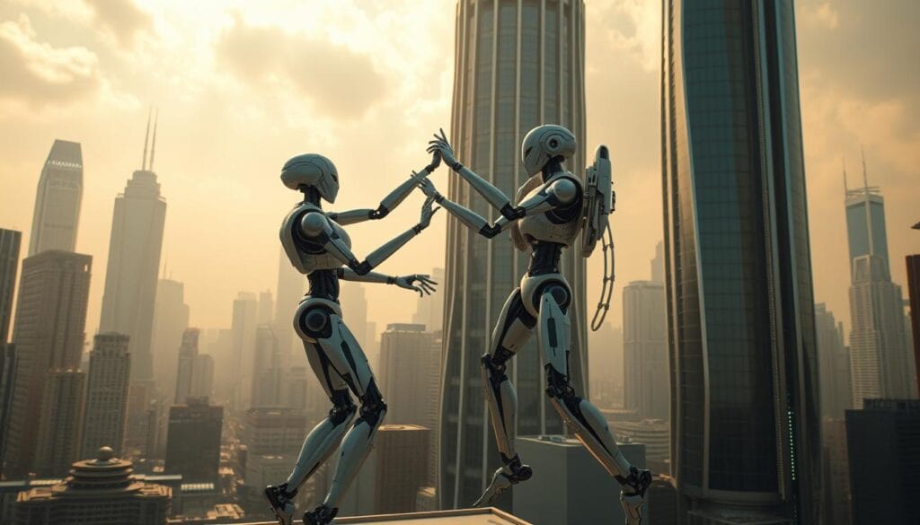 A high-angle, wide-angle view of a futuristic cityscape with towering skyscrapers and gleaming technological infrastructure. In the foreground, two robotic figures, one in a sleek, cloud-like form and the other a more grounded, industrial-looking design, are engaged in a dynamic dance-like interaction, their movements suggesting a comparative analysis of their respective capabilities. The sky is filled with a warm, diffused light, creating a sense of balance and contemplation. The scene conveys a sense of technological advancement, innovation, and the ongoing evolution of automated trading systems in the world of cryptocurrency.