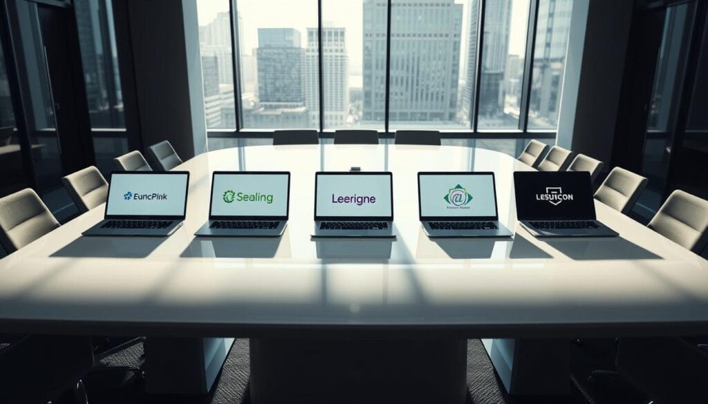 A high-angle, wide-angle view of a glossy, white conference table with five laptop computers arranged in a row, each displaying a different lending platform's logo. The table is set against a backdrop of a sleek, modern office interior with floor-to-ceiling windows, allowing natural light to create dramatic shadows and highlights. The scene conveys a sense of professionalism, technology, and careful comparison, reflecting the detailed analysis of top lending platforms. The overall mood is one of authority, clarity, and informed decision-making.