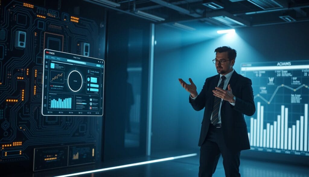 A high-contrast, cinematic comparison of an algorithmic robo-advisor and a human financial consultant. In the foreground, a sleek, minimalist robo-advisor interface floats against a backdrop of glowing circuit boards and data visualizations. In the middle ground, a human advisor, meticulously dressed, gestures expressively while consulting with a client. The lighting is dramatic, with bold shadows and highlights emphasizing the distinct approaches. The atmosphere conveys a sense of innovation versus tradition, technology versus personal touch, efficiency versus personalization in the evolving world of wealth management. A high-contrast, cinematic comparison of an algorithmic robo-advisor and a human financial consultant. In the foreground, a sleek, minimalist robo-advisor interface floats against a backdrop of glowing circuit boards and data visualizations. In the middle ground, a human advisor, meticulously dressed, gestures expressively while consulting with a client. The lighting is dramatic, with bold shadows and highlights emphasizing the distinct approaches. The atmosphere conveys a sense of innovation versus tradition, technology versus personal touch, efficiency versus personalization in the evolving world of wealth management.