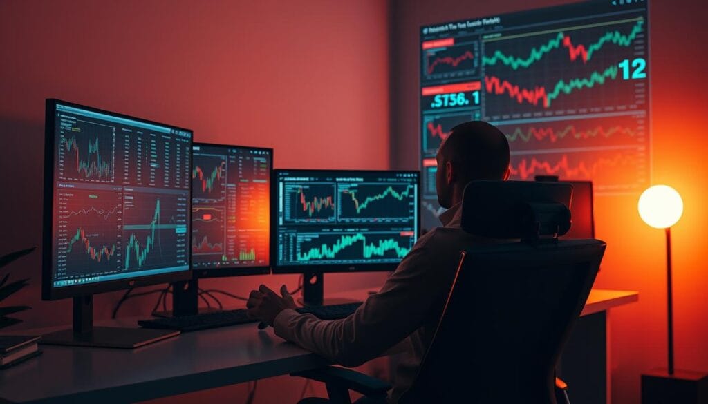 A high-contrast, cinematic image of a cryptocurrency trader meticulously analyzing a diverse portfolio of digital assets on multiple computer screens, with a focus on strategies for tax loss harvesting. The scene is set in a modern, minimalist office space bathed in warm, directional lighting, creating a sense of focus and urgency. The trader's face is partially obscured, emphasizing the complexity and technicality of the task at hand. In the background, a stylized visualization of market data and financial analytics provides context, while a sleek, angular desk and ergonomic chair suggest a professional, high-stakes environment.