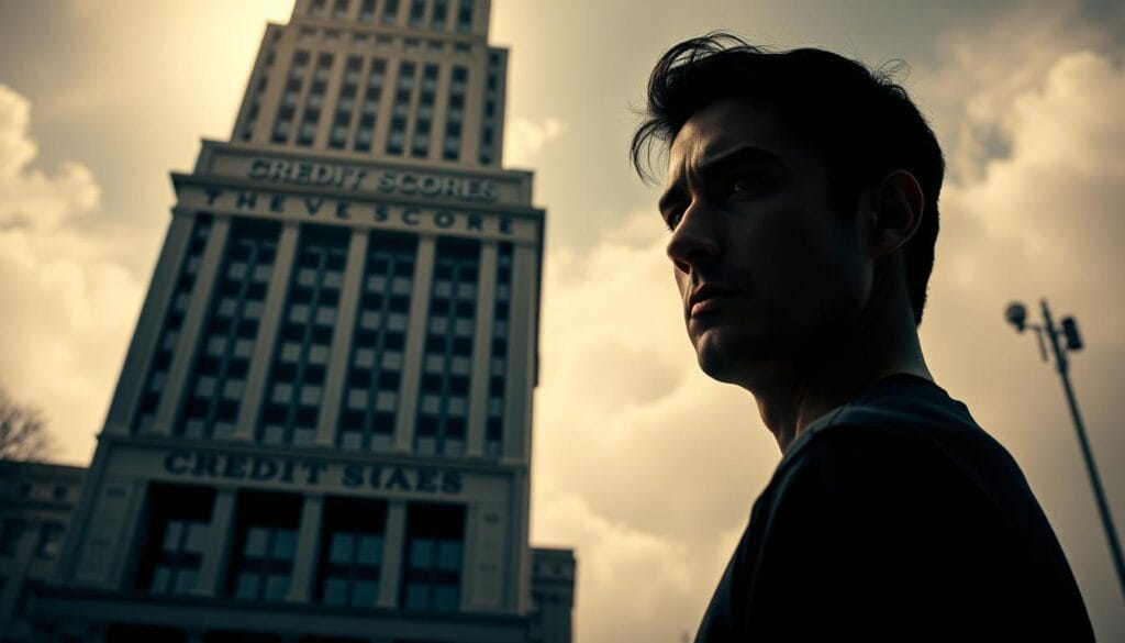 A high-contrast, cinematic image of a towering, imposing building representing a financial institution. The building's facade is adorned with symbols and numbers alluding to credit scores, with a sense of gravity and importance. In the foreground, a person stands in contemplation, their expression conveying the weight and significance of their credit standing. The lighting is dramatic, creating deep shadows and highlights that emphasize the subject's seriousness. The overall mood is one of tension and consequence, reflecting the crucial role credit plays in securing financial opportunities. The composition is balanced, with the building and individual forming a harmonious, thought-provoking scene.