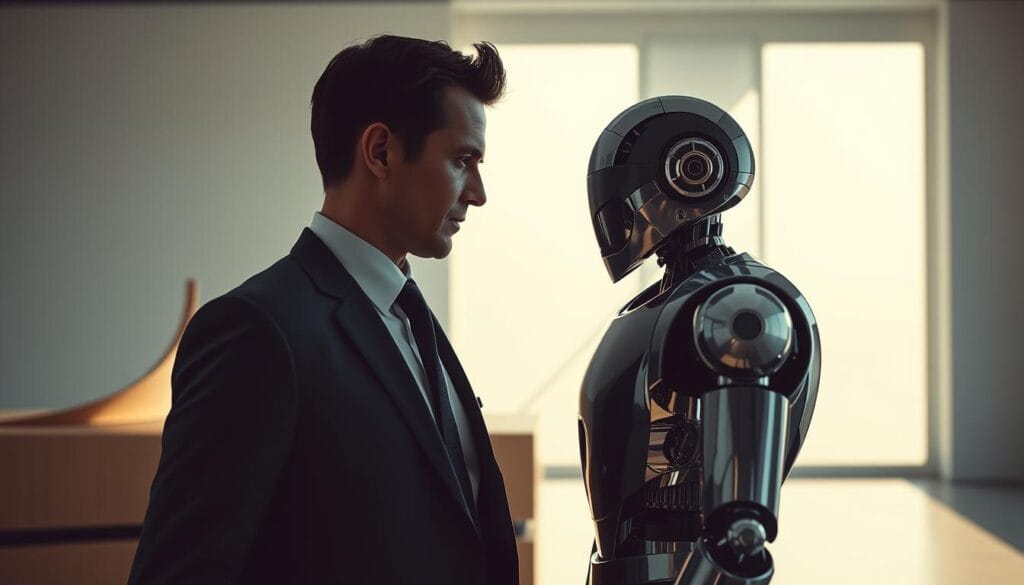 A high-contrast, cinematic scene of a human financial advisor in a sharp suit facing off against a sleek, chrome-plated robot financial advisor in an ethereal, minimalist office setting. The human appears determined and resolute, while the robot exudes an aura of cold, impassive efficiency. Dramatic directional lighting casts long shadows, creating a tense, thought-provoking atmosphere. The frame is composed to emphasize the dynamic tension between the human and the machine, hinting at the complex interplay between personal expertise and automated decision-making in the future of financial planning.