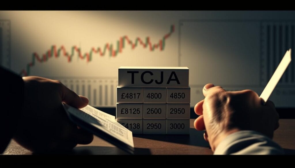 A high-contrast, detailed image showcasing the key changes to estate tax exemptions under the Tax Cuts and Jobs Act (TCJA). In the foreground, a pair of meticulously rendered hands holding legal documents, highlighting the complex nature of the topic. In the middle ground, a three-dimensional representation of the TCJA exemption amounts, depicted as stacked blocks with numeric values. The background features a subtle, hazy backdrop of financial charts and graphs, conveying the broader economic context. The lighting is dramatic, with strong shadows and highlights to emphasize the gravity of the impending changes. The overall atmosphere is one of careful analysis and preparation, reflecting the need to understand the nuances of the TCJA's impact on estate planning.
