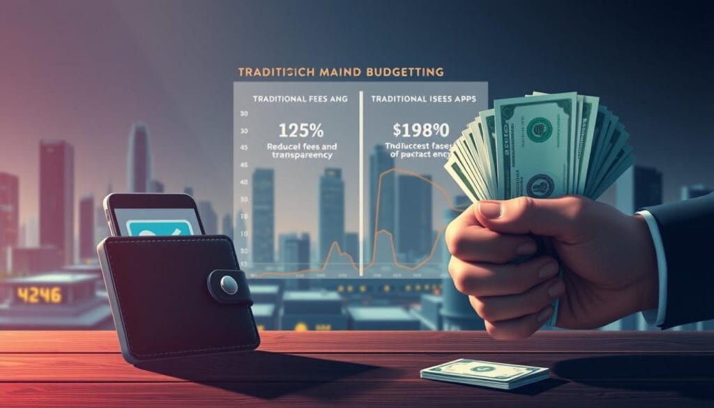 A high-contrast digital illustration depicting the financial differences between traditional budgeting apps and blockchain-based budgeting tools. In the foreground, a digital wallet and a fistful of cash represent the blockchain and traditional methods, respectively. The middle ground shows a comparative chart highlighting the reduced fees and increased transparency of blockchain-based budgeting. The background features a futuristic city skyline, hinting at the forward-looking, technological nature of the blockchain approach. The lighting is dramatic, with hard shadows and saturated colors, conveying a sense of financial power and innovation. The overall mood is one of technological progress and financial empowerment.