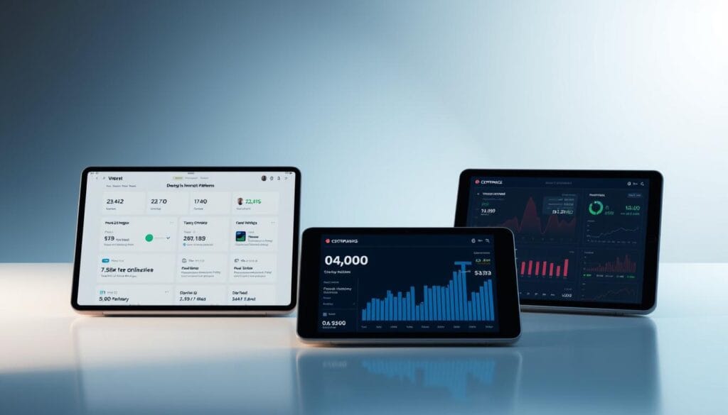 A high-contrast, glossy, photorealistic comparison of leading digital investment platforms, showcasing their key features, performance, and user interfaces. The foreground displays clean, minimalist UI mockups of the platforms side-by-side, with detailed information on investment strategies, tax optimization, and fees. The middle ground features sleek, metallic devices displaying real-time portfolio data and analytics. The background is a soft, ethereal gradient hinting at the complex financial landscape, with subtle nods to fintech innovation. The overall mood is one of modern, data-driven investing, conveying trust, clarity, and technological sophistication. A high-contrast, glossy, photorealistic comparison of leading digital investment platforms, showcasing their key features, performance, and user interfaces. The foreground displays clean, minimalist UI mockups of the platforms side-by-side, with detailed information on investment strategies, tax optimization, and fees. The middle ground features sleek, metallic devices displaying real-time portfolio data and analytics. The background is a soft, ethereal gradient hinting at the complex financial landscape, with subtle nods to fintech innovation. The overall mood is one of modern, data-driven investing, conveying trust, clarity, and technological sophistication.