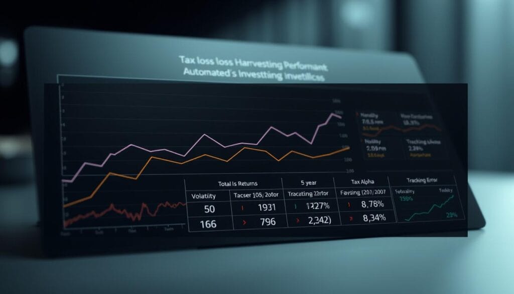 A high-contrast graph depicting detailed tax-loss harvesting performance metrics across multiple automated investment platforms. The foreground features a line chart showcasing annualized returns, total losses harvested, and tax savings realized over a 5-year period. The middle ground displays key performance indicators like volatility, tracking error, and tax alpha in an organized data visualization. The background layer has a sleek, minimal aesthetic with a dark gradient that emphasizes the numerical data. Soft lighting and a shallow depth of field create a professional, technical atmosphere suited for a financial article. A high-contrast graph depicting detailed tax-loss harvesting performance metrics across multiple automated investment platforms. The foreground features a line chart showcasing annualized returns, total losses harvested, and tax savings realized over a 5-year period. The middle ground displays key performance indicators like volatility, tracking error, and tax alpha in an organized data visualization. The background layer has a sleek, minimal aesthetic with a dark gradient that emphasizes the numerical data. Soft lighting and a shallow depth of field create a professional, technical atmosphere suited for a financial article.