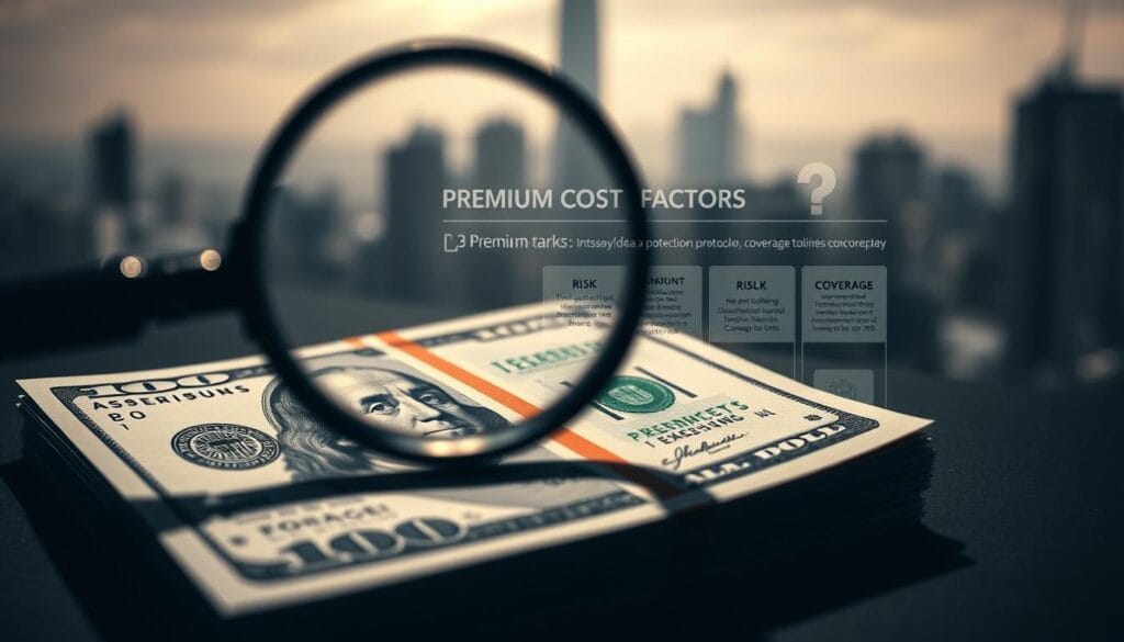 A high-contrast, macro-style photograph of premium cost factors for a cyber insurance policy. The foreground features a stack of $100 bills with a magnifying glass hovering over them, casting a dramatic shadow. The middle ground shows an abstract visual representation of risk assessments, data protection protocols, and coverage limits, rendered in a sleek, infographic-style layout. The background is a blurred, desaturated cityscape, symbolizing the urban business landscape. The overall lighting is dramatic, with a mixture of hard, directional light and soft, ambient illumination, creating a sense of depth and visual interest. The mood is one of financial gravity, technological complexity, and the need for comprehensive protection in the modern digital world. A high-contrast, macro-style photograph of premium cost factors for a cyber insurance policy. The foreground features a stack of $100 bills with a magnifying glass hovering over them, casting a dramatic shadow. The middle ground shows an abstract visual representation of risk assessments, data protection protocols, and coverage limits, rendered in a sleek, infographic-style layout. The background is a blurred, desaturated cityscape, symbolizing the urban business landscape. The overall lighting is dramatic, with a mixture of hard, directional light and soft, ambient illumination, creating a sense of depth and visual interest. The mood is one of financial gravity, technological complexity, and the need for comprehensive protection in the modern digital world.