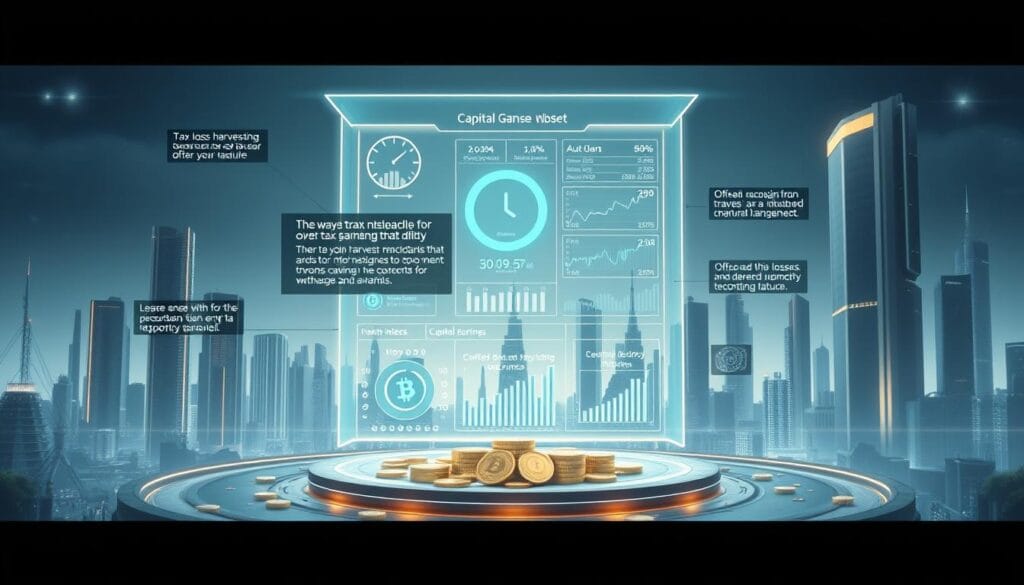 A high-contrast visual illustration depicting the key strategies for cryptocurrency capital gains offset, set against a backdrop of a futuristic financial landscape. The foreground should feature a detailed representation of various cryptocurrency portfolio management tactics like tax-loss harvesting, offset gains with losses, deferred recognition, and other relevant techniques. The midground should showcase a 3D holographic interface displaying comprehensive cryptocurrency tax reporting analytics. The background should depict a sleek, techno-futuristic cityscape with skyscrapers, digital displays, and a subtle color palette of blues, grays, and neon accents, conveying a sense of advanced financial technology. The overall mood should be one of modern, precision-driven cryptocurrency tax planning.