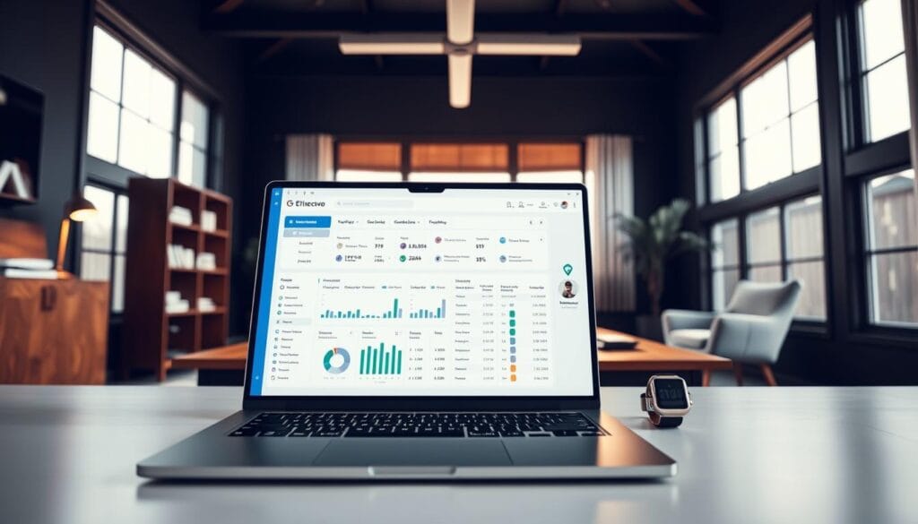 A high-contrast, wide-angle image of a modern home office with a minimalist, mid-century aesthetic. In the foreground, a sleek laptop and a high-end expense tracking app displayed on the screen, showcasing intuitive data visualizations and seamless expense categorization. The middle ground features a stylish wooden desk with a few neatly organized finance-related documents and a smart wristwatch. In the background, large windows provide ample natural lighting, casting a warm glow over the space. The overall mood is one of productivity, organization, and financial awareness, reflecting the importance of effective expense tracking in 2025. A high-contrast, wide-angle image of a modern home office with a minimalist, mid-century aesthetic. In the foreground, a sleek laptop and a high-end expense tracking app displayed on the screen, showcasing intuitive data visualizations and seamless expense categorization. The middle ground features a stylish wooden desk with a few neatly organized finance-related documents and a smart wristwatch. In the background, large windows provide ample natural lighting, casting a warm glow over the space. The overall mood is one of productivity, organization, and financial awareness, reflecting the importance of effective expense tracking in 2025.
