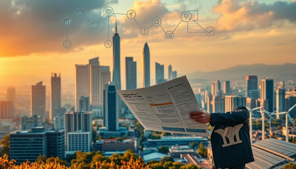 A high-impact investment landscape unfolds amidst government policies and regulations. In the foreground, a policymaker stands confidently, holding a blueprint that outlines strategies for sustainable growth. Behind them, various financial instruments - stocks, bonds, and green initiatives - converge, symbolizing the synergy between government action and private investment. The middle ground features a bustling cityscape, where skyscrapers and renewable energy infrastructure coexist, hinting at the transformative potential of this collaboration. Warm, directional lighting accentuates the scene, creating a sense of optimism and progress. The overall atmosphere conveys a future where government and investors work in tandem to drive impactful change. A high-impact investment landscape unfolds amidst government policies and regulations. In the foreground, a policymaker stands confidently, holding a blueprint that outlines strategies for sustainable growth. Behind them, various financial instruments - stocks, bonds, and green initiatives - converge, symbolizing the synergy between government action and private investment. The middle ground features a bustling cityscape, where skyscrapers and renewable energy infrastructure coexist, hinting at the transformative potential of this collaboration. Warm, directional lighting accentuates the scene, creating a sense of optimism and progress. The overall atmosphere conveys a future where government and investors work in tandem to drive impactful change.