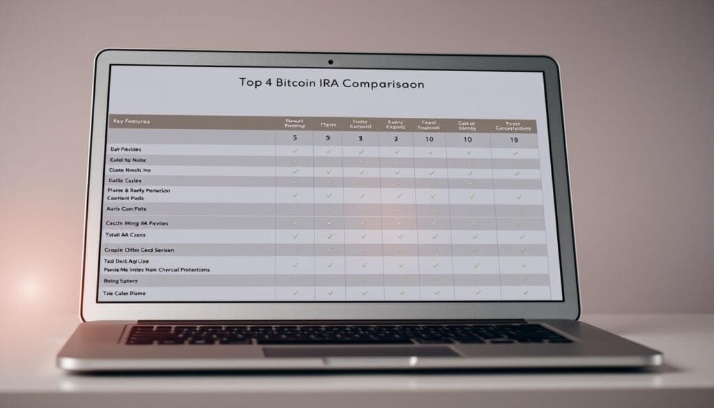 A high-quality, detailed comparison chart displayed on a sleek, metallic desktop with a clean, professional look. The chart lists the names, key features, and ratings of the top Bitcoin IRA providers, presented in a clear, organized manner with an intuitive layout. The chart is well-lit, with a subtle, warm glow illuminating the data, creating a sense of authority and trustworthiness. The background is a neutral, muted tone, allowing the chart to be the focal point. The overall composition and styling convey a sense of expertise, reliability, and financial sophistication, perfectly suited for the "Comparing Top Bitcoin IRA Providers" section of the article.