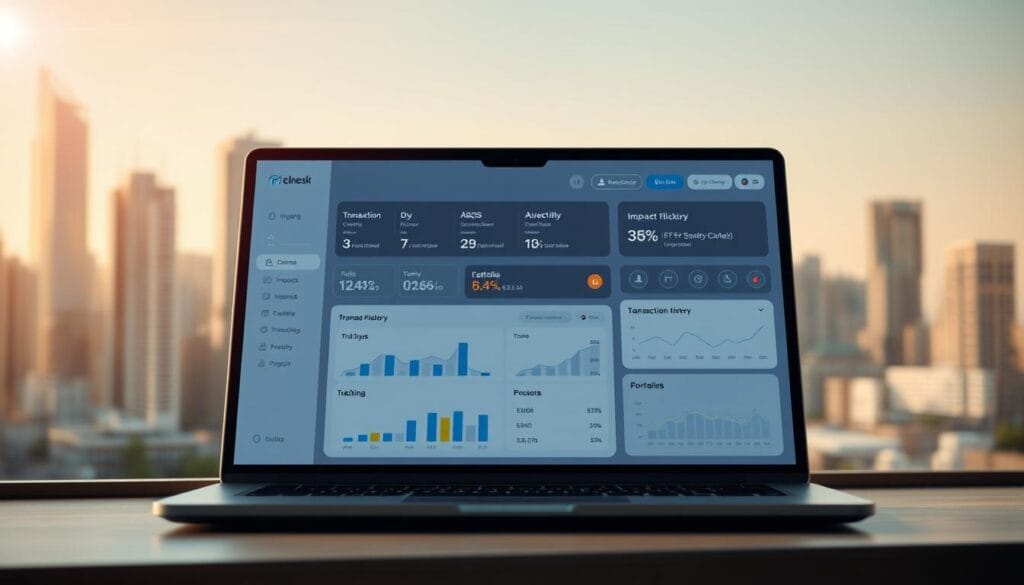 A high-quality digital illustration of an impact investment platform features, showcasing a clean and modern user interface. The foreground displays a laptop screen with a sleek dashboard layout, highlighting financial data visualizations, investment options, and impact tracking metrics. The middle ground features a transaction history panel and portfolio management tools. The background depicts a blurred cityscape, conveying a sense of global reach and financial influence. The scene is bathed in warm, natural lighting with subtle lens flare effects, creating a professional and aspirational atmosphere. A high-quality digital illustration of an impact investment platform features, showcasing a clean and modern user interface. The foreground displays a laptop screen with a sleek dashboard layout, highlighting financial data visualizations, investment options, and impact tracking metrics. The middle ground features a transaction history panel and portfolio management tools. The background depicts a blurred cityscape, conveying a sense of global reach and financial influence. The scene is bathed in warm, natural lighting with subtle lens flare effects, creating a professional and aspirational atmosphere.