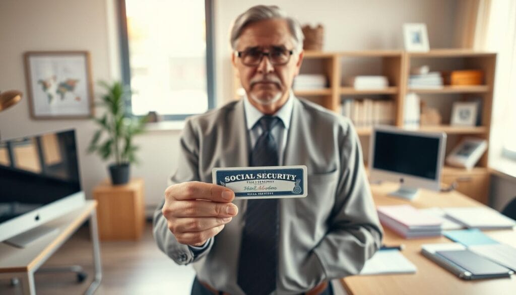 A high-quality image of social security benefits in the context of effective tax strategies for early retirement. A middle-aged person, dressed formally, stands in the foreground, hands holding a social security card. Behind them, a well-lit office space with a computer, financial documents, and a bookshelf. The scene conveys a sense of financial planning and optimization, with warm lighting and a professional, authoritative atmosphere. The overall composition emphasizes the importance of social security as a key component of a comprehensive retirement strategy.