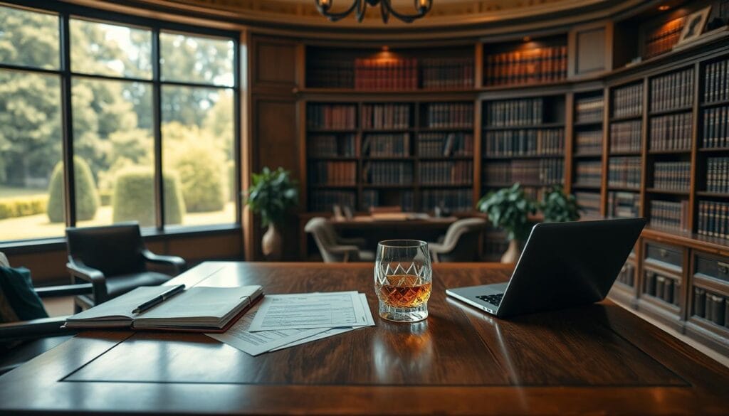 A high-quality, photorealistic image of gift tax exemption strategies for estate tax minimization in 2025. The scene depicts a well-appointed study with a large, polished oak desk in the foreground. On the desk are various financial documents, a laptop, and a crystal glass filled with an amber-colored liquid, likely a high-end whiskey or brandy. The middle ground features a floor-to-ceiling bookshelf filled with leather-bound volumes. The background shows a panoramic window overlooking a lush, manicured garden. The lighting is warm and subdued, creating a sophisticated, contemplative atmosphere. The overall composition conveys a sense of wealth, wisdom, and careful financial planning.