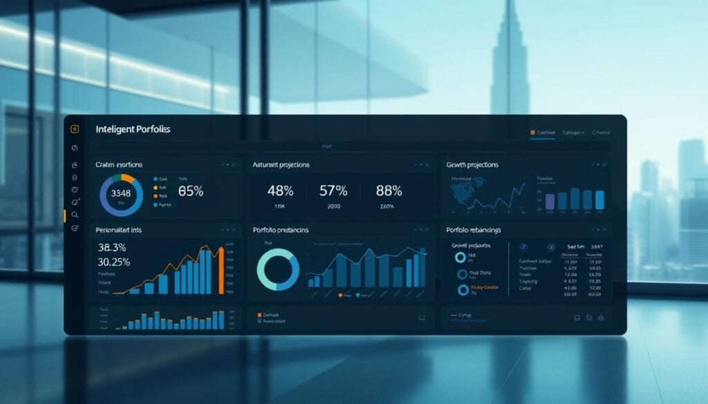 A high-quality rendering of Schwab Intelligent Portfolios strategies, captured in a digital art style. A sleek, minimalist interface with intuitive visualizations of portfolio allocation, risk levels, and performance metrics. The foreground highlights customizable investment options and personalized risk assessments, while the middle ground showcases growth projections and portfolio rebalancing tools. The background features a stylized, geometric cityscape, alluding to the broad market trends and economic factors shaping investment decisions. The overall aesthetic conveys a sense of control, clarity, and confidence in navigating one's financial future.