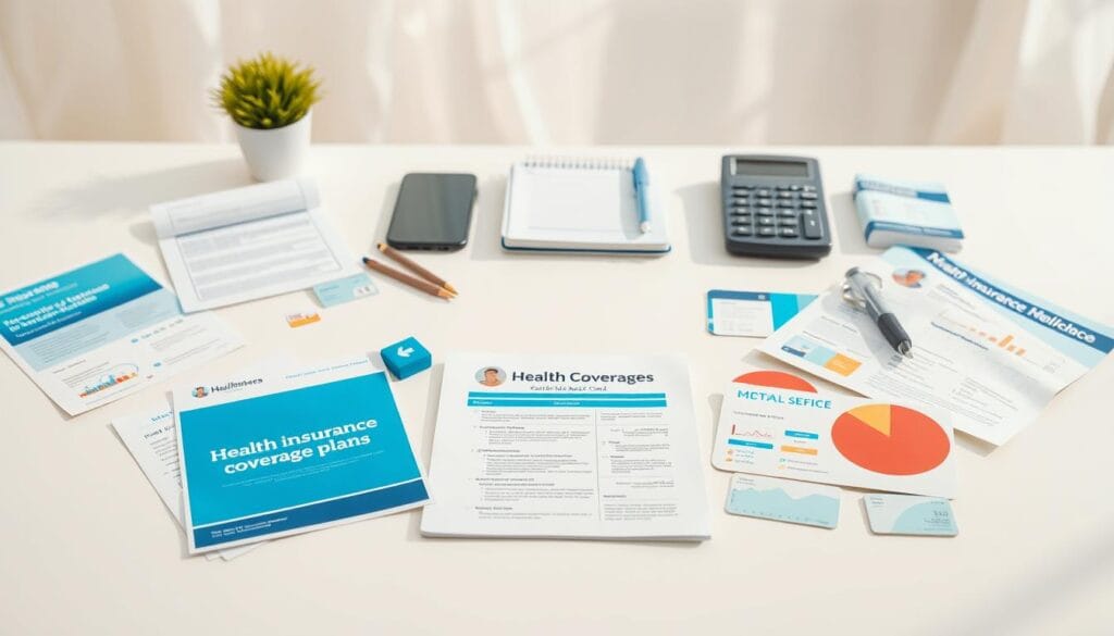 A high-resolution, cinematic illustration of assorted health insurance coverage plans and options laid out neatly on a clean, minimalist desktop. The foreground features a variety of plan documents, medical ID cards, and informational brochures arranged in an organized, visually appealing manner. The middle ground includes a notebook, calculator, and other office accessories, suggesting an analytical, decision-making process. The background is a soft, blurred expanse of light colors, conveying a sense of focus, clarity, and professionalism. Bright, natural lighting casts subtle shadows and highlights the texture and details of the objects. The overall mood is one of diligence, informed decision-making, and a careful consideration of healthcare options.