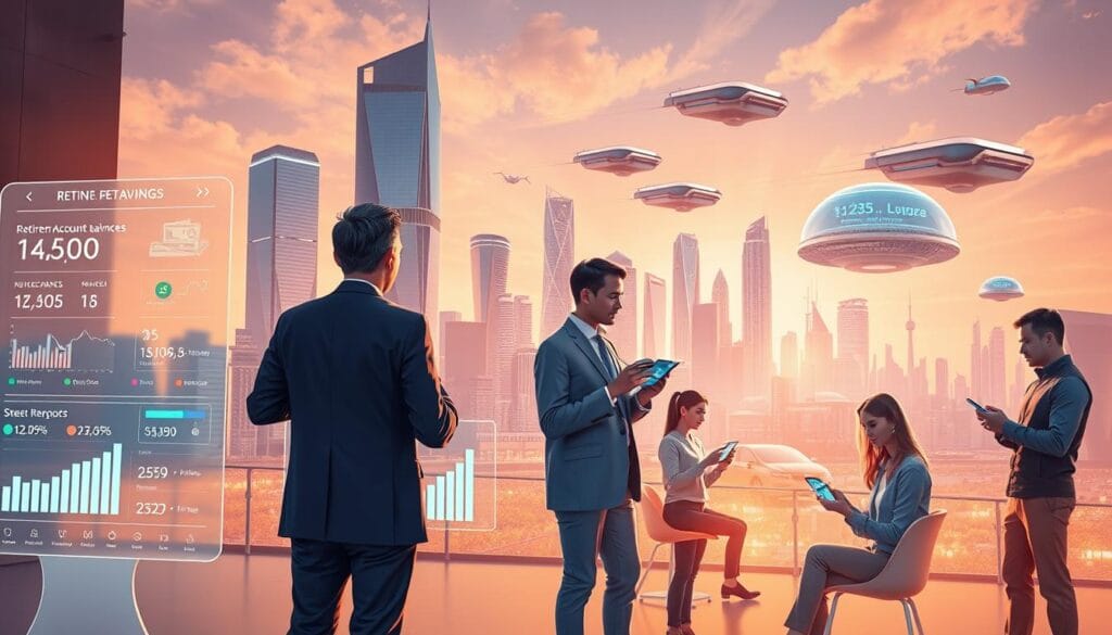 A high-resolution, detailed illustration depicting the key trends shaping retirement savings in 2025. In the foreground, a financial advisor stands amidst holograms displaying data visualizations of retirement account balances, investment portfolios, and income projections. In the middle ground, remote workers of diverse ages and backgrounds contemplate their digital financial dashboards on sleek mobile devices. The background features a futuristic skyline of gleaming skyscrapers, autonomous vehicles, and floating data centers, symbolizing the technological and economic forces transforming the retirement planning landscape. The scene is illuminated by warm, diffuse lighting that creates a sense of optimism and progress. Rendered in a photorealistic style with a hint of stylization to convey the visionary nature of the subject matter. A high-resolution, detailed illustration depicting the key trends shaping retirement savings in 2025. In the foreground, a financial advisor stands amidst holograms displaying data visualizations of retirement account balances, investment portfolios, and income projections. In the middle ground, remote workers of diverse ages and backgrounds contemplate their digital financial dashboards on sleek mobile devices. The background features a futuristic skyline of gleaming skyscrapers, autonomous vehicles, and floating data centers, symbolizing the technological and economic forces transforming the retirement planning landscape. The scene is illuminated by warm, diffuse lighting that creates a sense of optimism and progress. Rendered in a photorealistic style with a hint of stylization to convey the visionary nature of the subject matter.