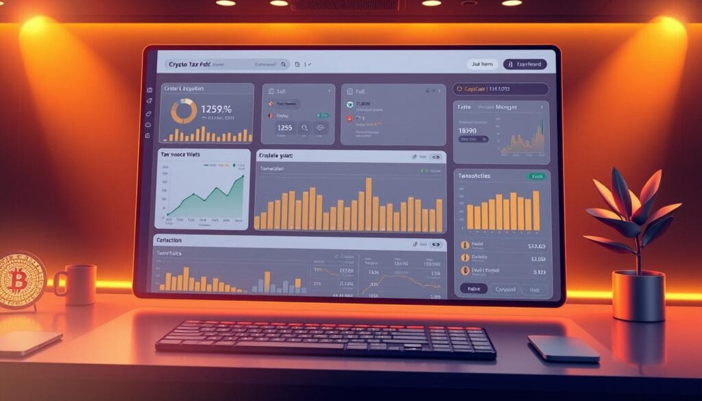 A high-resolution, detailed illustration of a modern crypto tax software interface featuring a sleek, intuitive dashboard, interactive charts and graphs displaying transaction data, advanced tax calculation tools, automated tax form generation, and secure data import/export capabilities. The layout is visually striking with a clean, minimalist aesthetic, warm lighting, and a sense of technological sophistication. The overall mood is one of efficiency, professionalism, and trustworthiness, conveying the software's ability to simplify the complexities of cryptocurrency tax compliance.