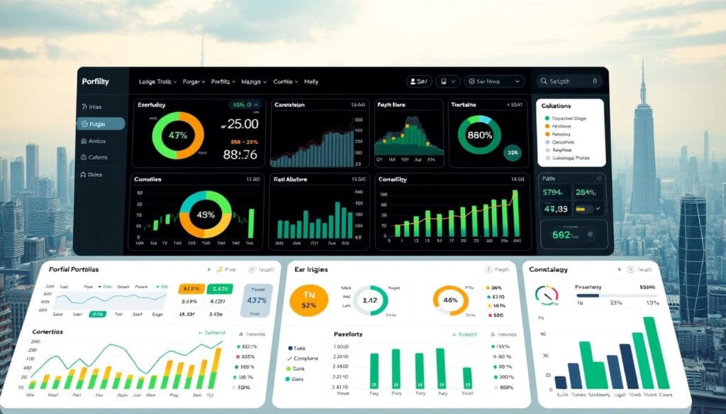 A high-resolution, detailed image of a modern, sleek financial dashboard interface displaying various ESG (Environmental, Social, and Governance) investment portfolio comparison tools. The dashboard is presented in a clean, minimalist design with a neutral color palette and intuitive data visualization elements. The foreground features several interactive graphs, charts, and performance metrics allowing users to easily compare and analyze different ESG investment strategies. The middle ground showcases a series of responsive, mobile-friendly UI elements and navigation controls. The background depicts a subtle, futuristic cityscape with skyscrapers and infrastructure, conveying a sense of technological progress and sustainable urbanism. The overall mood is one of professionalism, efficiency, and environmental consciousness.