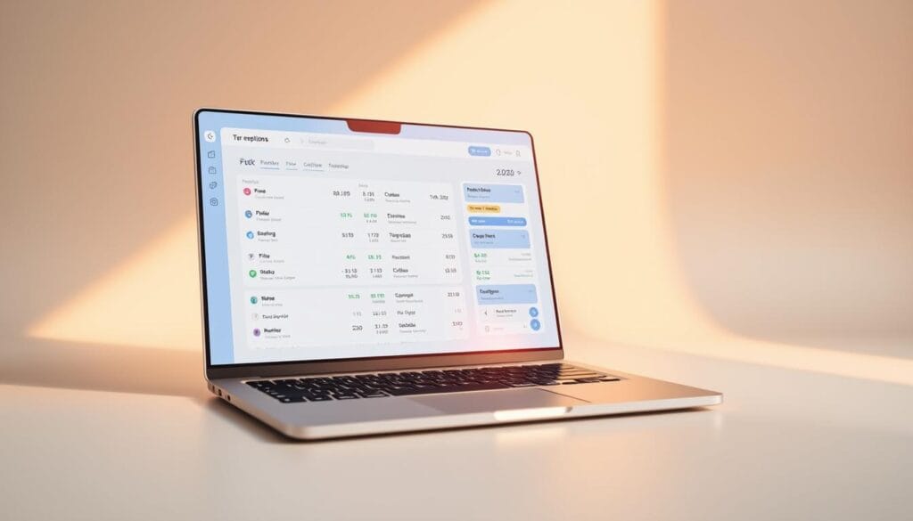 A high-resolution, detailed image of a modern tax software suite designed for freelancers and self-employed individuals. The software's user interface is displayed on a sleek, silver laptop set against a clean, minimalist background. The UI showcases features like expense tracking, tax preparation, and filing options tailored for the unique needs of freelance professionals. Warm, natural lighting illuminates the scene, creating a sense of productivity and efficiency. The overall composition conveys the simplicity and user-friendliness of the tax software, highlighting how it can streamline the complex process of managing finances for freelancers in 2025. A high-resolution, detailed image of a modern tax software suite designed for freelancers and self-employed individuals. The software's user interface is displayed on a sleek, silver laptop set against a clean, minimalist background. The UI showcases features like expense tracking, tax preparation, and filing options tailored for the unique needs of freelance professionals. Warm, natural lighting illuminates the scene, creating a sense of productivity and efficiency. The overall composition conveys the simplicity and user-friendliness of the tax software, highlighting how it can streamline the complex process of managing finances for freelancers in 2025.