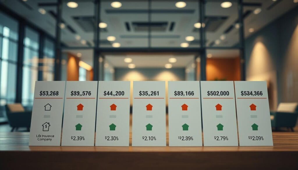 A high-resolution image of the financial strength ratings of prominent life insurance companies, captured in a professional and authoritative style. The foreground features a clean, minimalist display of various insurers' ratings, with clear symbols and numerical values conveying their financial stability. The middle ground showcases a subtle background of corporate office elements, such as a glass facade, modern furniture, and a warm, neutral color palette, suggesting a sense of prestige and reliability. The lighting is soft and directional, creating depth and highlighting the key information. The overall composition exudes an atmosphere of trust, expertise, and financial security, suitable for the article's subject matter. A high-resolution image of the financial strength ratings of prominent life insurance companies, captured in a professional and authoritative style. The foreground features a clean, minimalist display of various insurers' ratings, with clear symbols and numerical values conveying their financial stability. The middle ground showcases a subtle background of corporate office elements, such as a glass facade, modern furniture, and a warm, neutral color palette, suggesting a sense of prestige and reliability. The lighting is soft and directional, creating depth and highlighting the key information. The overall composition exudes an atmosphere of trust, expertise, and financial security, suitable for the article's subject matter.