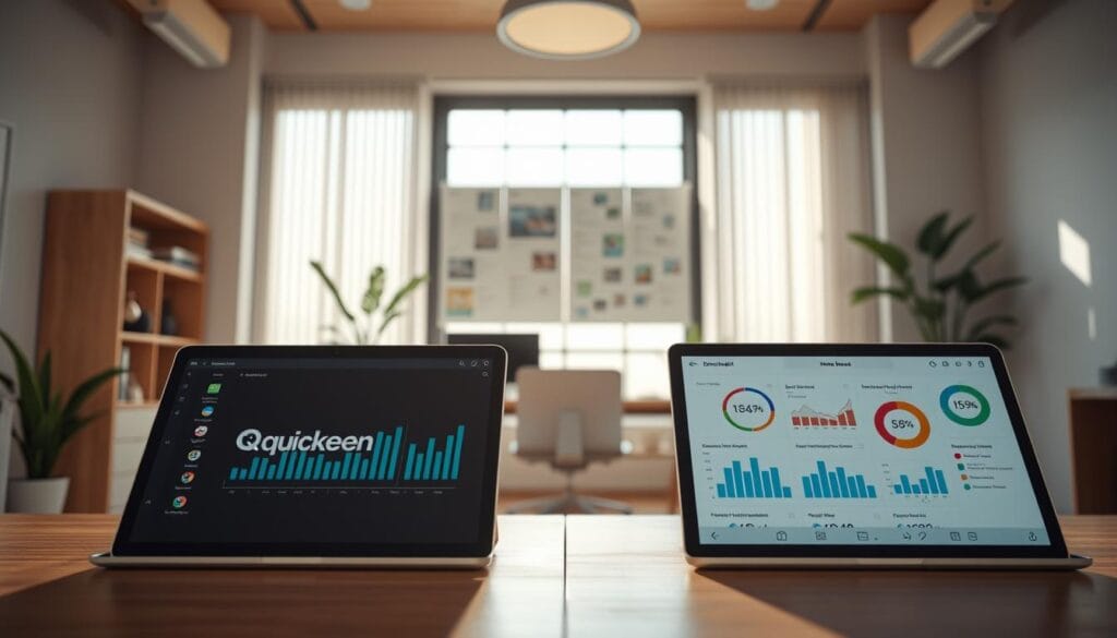 A high-resolution, photorealistic comparison between Quicken Simplifi and YNAB personal finance apps. Foreground features the two app logos, elegantly displayed on sleek, modern devices with crisp, minimalist UI. Middle ground showcases dynamic graphs, charts, and budget breakdowns, highlighting the powerful analytics and real-time insights of each platform. Background depicts a serene, sun-dappled office space, with clean lines, warm wood tones, and a touch of greenery, evoking a productive, calm atmosphere. Lighting is natural, slightly diffused, with a soft, inviting glow. Camera angle is eye-level, creating an immersive, user-centric perspective. The overall impression is one of streamlined efficiency, intuitive usability, and data-driven financial empowerment. A high-resolution, photorealistic comparison between Quicken Simplifi and YNAB personal finance apps. Foreground features the two app logos, elegantly displayed on sleek, modern devices with crisp, minimalist UI. Middle ground showcases dynamic graphs, charts, and budget breakdowns, highlighting the powerful analytics and real-time insights of each platform. Background depicts a serene, sun-dappled office space, with clean lines, warm wood tones, and a touch of greenery, evoking a productive, calm atmosphere. Lighting is natural, slightly diffused, with a soft, inviting glow. Camera angle is eye-level, creating an immersive, user-centric perspective. The overall impression is one of streamlined efficiency, intuitive usability, and data-driven financial empowerment.