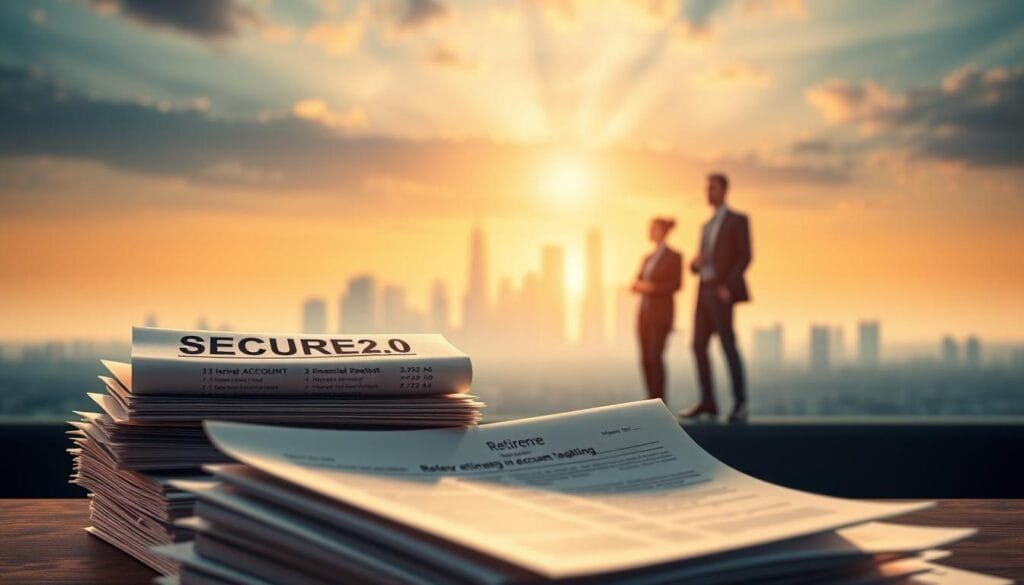 A high-resolution, photorealistic illustration of various financial planning options for retirement in the context of the SECURE 2.0 Act. In the foreground, a stack of documents representing the SECURE 2.0 legislation and key retirement account types such as 401(k)s and IRAs. In the middle ground, a trio of professionals - a financial advisor, an accountant, and a retirement specialist - discussing the implications and opportunities of the new policies. In the background, a serene skyline with skyscrapers and a setting sun, symbolizing the future of retirement planning. Warm lighting, shallow depth of field, and a contemplative, forward-looking mood. A high-resolution, photorealistic illustration of various financial planning options for retirement in the context of the SECURE 2.0 Act. In the foreground, a stack of documents representing the SECURE 2.0 legislation and key retirement account types such as 401(k)s and IRAs. In the middle ground, a trio of professionals - a financial advisor, an accountant, and a retirement specialist - discussing the implications and opportunities of the new policies. In the background, a serene skyline with skyscrapers and a setting sun, symbolizing the future of retirement planning. Warm lighting, shallow depth of field, and a contemplative, forward-looking mood.