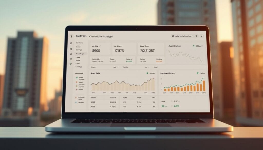 A high-resolution, photorealistic image of a modern, minimalist financial dashboard showcasing customizable portfolio strategies. The dashboard is displayed on a sleek, silver laptop against a soft, blurred background of urban skyscrapers, bathed in warm, golden lighting. The portfolio visualizations are clean, data-driven, and interactive, allowing the user to adjust risk levels, asset allocations, and investment horizon with intuitive user controls. The overall scene conveys a sense of control, sophistication, and financial empowerment for the discerning, tech-savvy investor. A high-resolution, photorealistic image of a modern, minimalist financial dashboard showcasing customizable portfolio strategies. The dashboard is displayed on a sleek, silver laptop against a soft, blurred background of urban skyscrapers, bathed in warm, golden lighting. The portfolio visualizations are clean, data-driven, and interactive, allowing the user to adjust risk levels, asset allocations, and investment horizon with intuitive user controls. The overall scene conveys a sense of control, sophistication, and financial empowerment for the discerning, tech-savvy investor.
