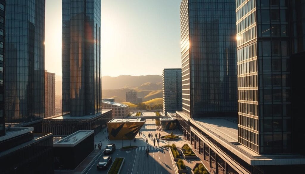 A high-rise cityscape with a sleek, modern financial district in the foreground. Towering glass skyscrapers adorned with gleaming metallic details reflect the afternoon sun, casting long shadows across the bustling streets below. In the middle ground, well-dressed professionals stride purposefully between sleek luxury vehicles and carefully landscaped plazas. The background features rolling hills dotted with lush greenery, hinting at the affluence and exclusivity of this wealth management enclave. Dramatic lighting emphasizes the clean, minimalist aesthetic, conveying a sense of power, prestige, and technological progress in the field of high-end finance.