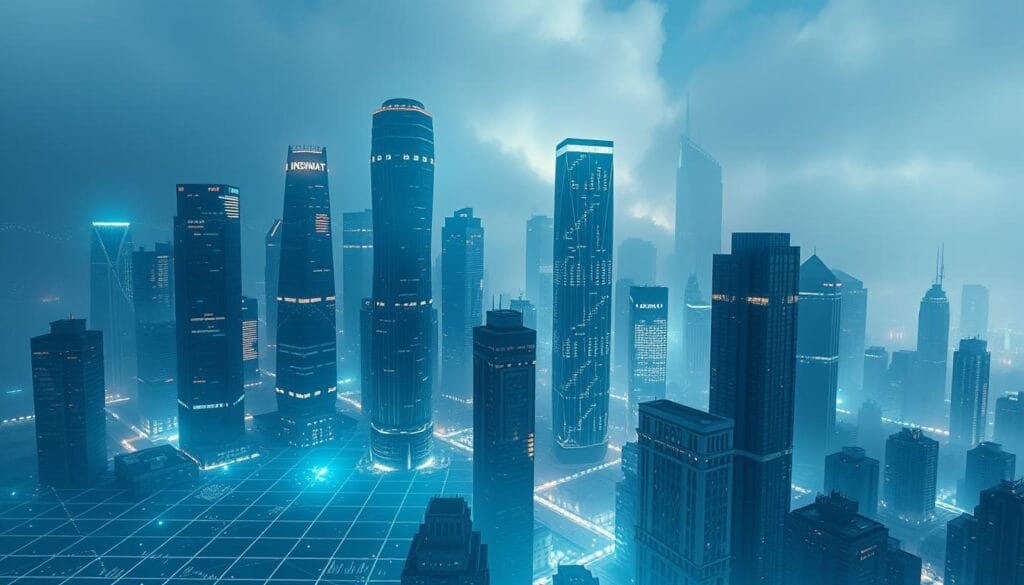 A high-rise cityscape with glowing skyscrapers representing the market valuations of megacap tech companies. In the foreground, a transparent grid structure overlaid with digital stock data and financial graphs, casting an eerie glow. The middle ground features a striking contrast between the towering corporate monoliths and a network of smaller, interconnected buildings, symbolizing the complex interplay between dominant industry players and the broader market. The background is shrouded in a misty, futuristic atmosphere, conveying a sense of technological progress and the looming influence of these colossal enterprises. The lighting is dramatic, with sharp contrasts and a cool, neon-like palette, evoking the dynamic and rapidly evolving nature of the financial markets.