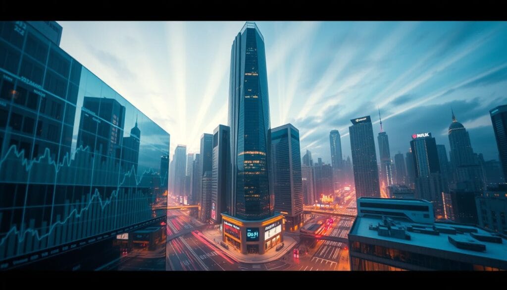 A high-tech cityscape at dusk, with towering skyscrapers and neon-lit streets. In the foreground, a digital dashboard displays real-time graphs and charts, depicting the ebb and flow of the DeFi market. The buildings are reflected in a sleek, futuristic interface, hinting at the seamless integration of finance and technology. Beams of light from the skyscrapers pierce the hazy, moody atmosphere, creating a sense of dynamism and innovation. The scene is captured through a wide-angle lens, conveying the scale and grandeur of the DeFi landscape in 2025. A high-tech cityscape at dusk, with towering skyscrapers and neon-lit streets. In the foreground, a digital dashboard displays real-time graphs and charts, depicting the ebb and flow of the DeFi market. The buildings are reflected in a sleek, futuristic interface, hinting at the seamless integration of finance and technology. Beams of light from the skyscrapers pierce the hazy, moody atmosphere, creating a sense of dynamism and innovation. The scene is captured through a wide-angle lens, conveying the scale and grandeur of the DeFi landscape in 2025.