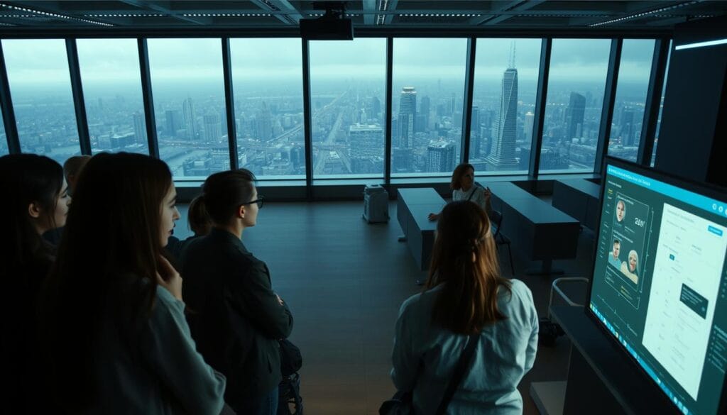 A high-tech classroom setting with an interactive display at the center. In the foreground, a group of students intently watching an AI-powered fraud detection simulation, their faces lit by the screen's glow. The middle ground features a teacher standing by, gesturing to the display and guiding the students. In the background, rows of desks and a large window overlooking a futuristic cityscape, hinting at the real-world applications of this AI-driven fraud education. The lighting is soft and diffused, creating a contemplative atmosphere. The camera angle is slightly elevated, giving a sense of observing the scene from above.