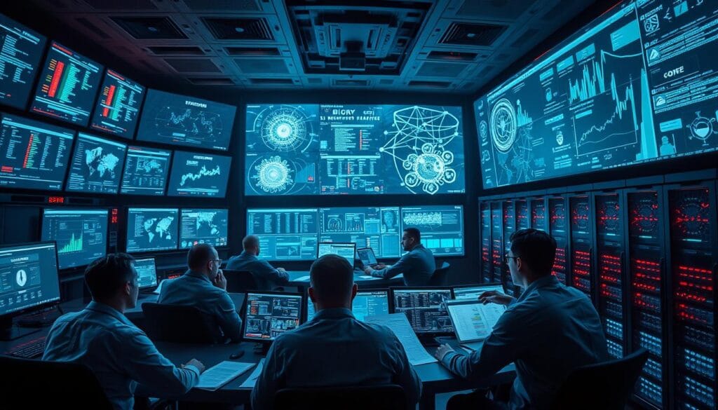 A high-tech command center filled with screens displaying real-time data and visualizations. In the foreground, a team of analysts pore over reports and collaborate on a complex cybersecurity incident. Holographic projections illuminate the room, casting an intense, focused glow. The middle ground features intricate network diagrams, threat maps, and security dashboards. In the background, rows of servers hum with activity, their blinking lights casting an eerie, electric ambiance. The scene conveys a sense of urgency, professionalism, and the gravity of the cyber threat at hand. A high-tech command center filled with screens displaying real-time data and visualizations. In the foreground, a team of analysts pore over reports and collaborate on a complex cybersecurity incident. Holographic projections illuminate the room, casting an intense, focused glow. The middle ground features intricate network diagrams, threat maps, and security dashboards. In the background, rows of servers hum with activity, their blinking lights casting an eerie, electric ambiance. The scene conveys a sense of urgency, professionalism, and the gravity of the cyber threat at hand.