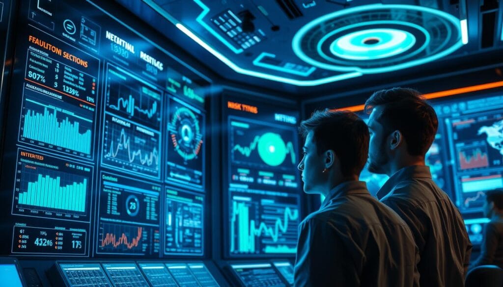 A high-tech control center with sleek holographic displays, sophisticated algorithms monitoring financial transactions in real-time. Bright neon-tinged panels showcase complex data visualizations, AI-powered risk metrics, and anomaly detection systems. In the foreground, a team of analysts scrutinize the insights, their expressions serious as they work to uncover fraudulent activities. The background is bathed in a cool, futuristic glow, creating an atmosphere of advanced technology safeguarding financial resilience.
