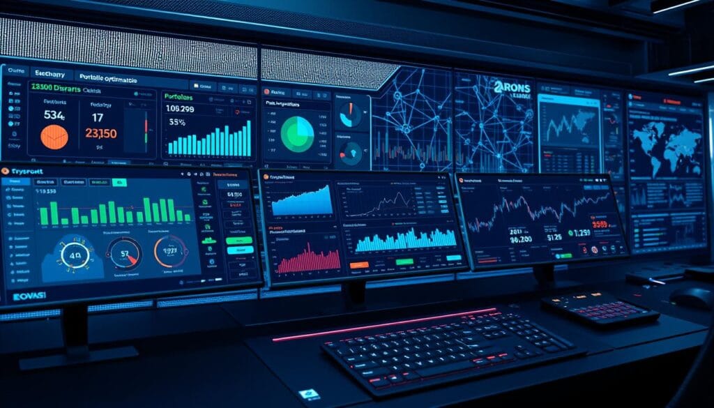 A high-tech control panel displaying a variety of customizable crypto portfolio management tools. In the foreground, sleek dashboards track real-time asset performance, risk indicators, and automated trading strategies. The middle ground features advanced portfolio optimization algorithms and personalized investment recommendations, all powered by state-of-the-art AI and machine learning. In the background, a network of interconnected data streams and market analytics visualize the dynamic crypto landscape. Bathed in a cool, futuristic glow, the scene conveys a sense of precision, efficiency, and the seamless integration of human and artificial intelligence in modern crypto investing.