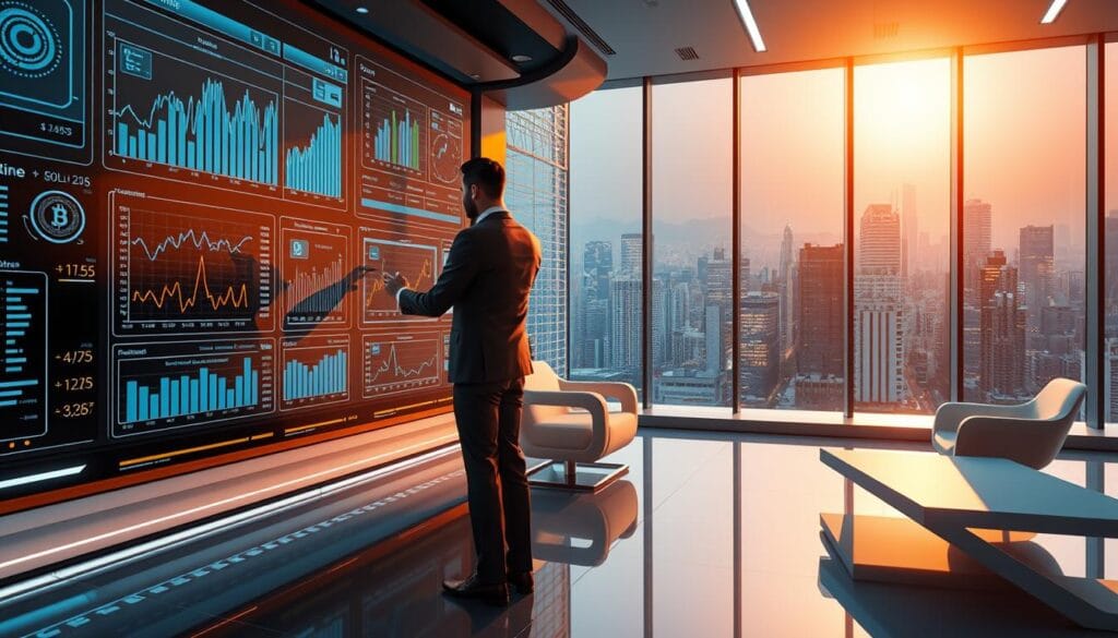 A high-tech control panel with holographic displays, financial charts, and intuitive blockchain interfaces. In the foreground, a person in a business suit interacts with the system, making calculations and adjustments. The middle ground features a sleek, futuristic office environment with minimalist furniture and large windows overlooking a bustling city skyline. The background is bathed in a warm, optimistic glow, suggesting the transformative power of blockchain-powered budgeting solutions. The scene is captured with a cinematic, high-contrast lighting, creating a sense of depth and emphasizing the advanced technology at play.