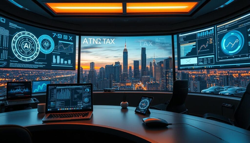 A high-tech control room with futuristic AI monitors, holographic displays, and data visualizations. In the foreground, a sleek, minimalist desk with a laptop, tablet, and smart assistant device. The middle ground features complex algorithms and tax optimization models projected onto large screens. In the background, a panoramic window overlooks a bustling city skyline at dusk, with skyscrapers and flying cars. The lighting is a blend of cool, neon-like tones and warm, golden hues, creating an atmospheric, almost cinematic feel. The overall mood is one of efficiency, innovation, and the seamless integration of technology in the tax industry.